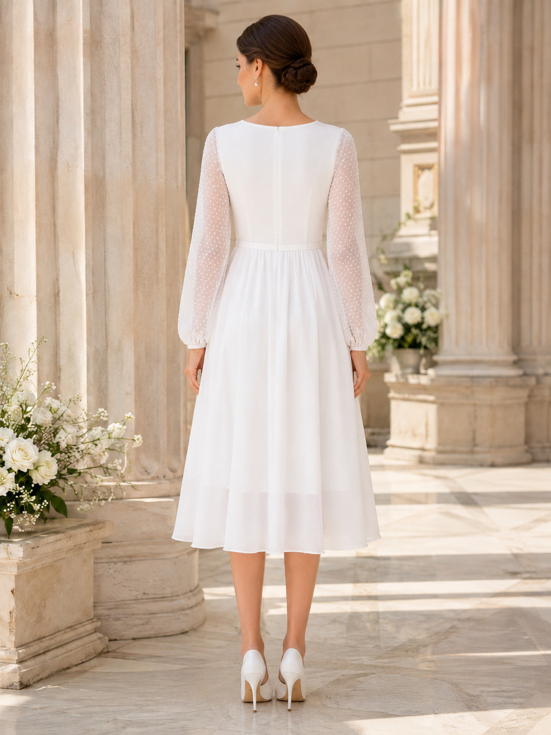 White Confirmation A Line Tea Length Jewel Long Illusion Sleeve Modest Dress back view