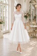 Ivory Illusion Long Sleeve A-Line Tea-Length Wedding Dress With Lace Bodice