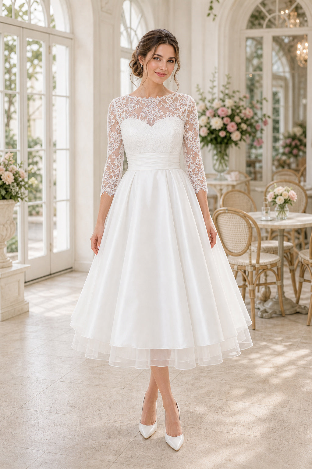Ivory Illusion Long Sleeve A-Line Tea-Length Wedding Dress With Lace Bodice
