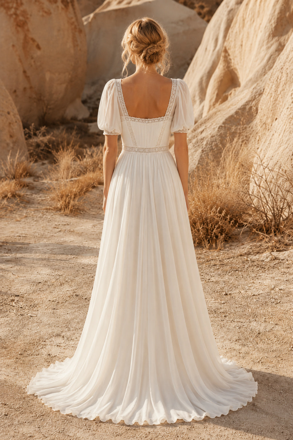 Ivory Square Neck Puff Sleeve Chiffon A-Line Wedding Dress with Simple Train back view