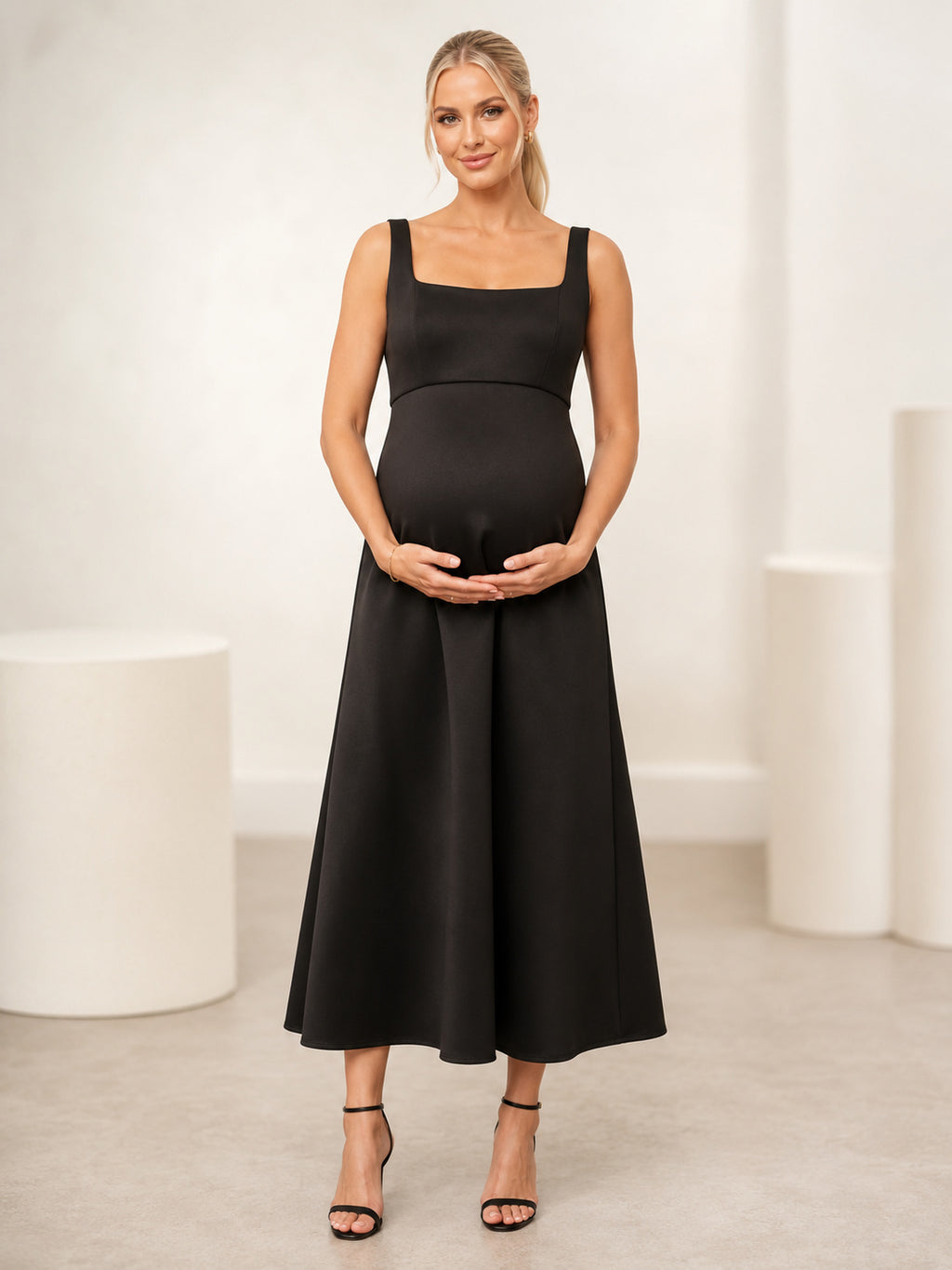 Black Maternity Square Neck Wide Strap Satin A-Line Tea Length Cocktail Dress front view