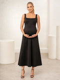 Black Maternity Square Neck Wide Strap Satin A-Line Tea Length Cocktail Dress front view