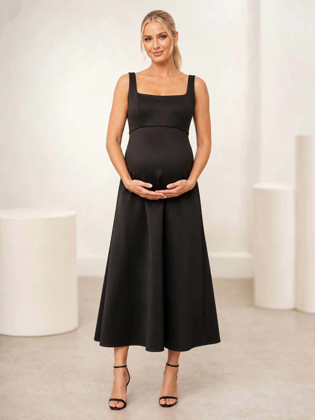 Black Maternity Square Neck Wide Strap Satin A-Line Tea Length Cocktail Dress front view