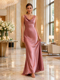 Dusty Rose Cowl Neck Satin Sheath Gown front view