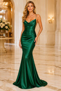Dark Green spaghetti strap satin mermaid gown with cowl neckline and low back Floor-length And Sweep/Brush Train Mermaid Trum