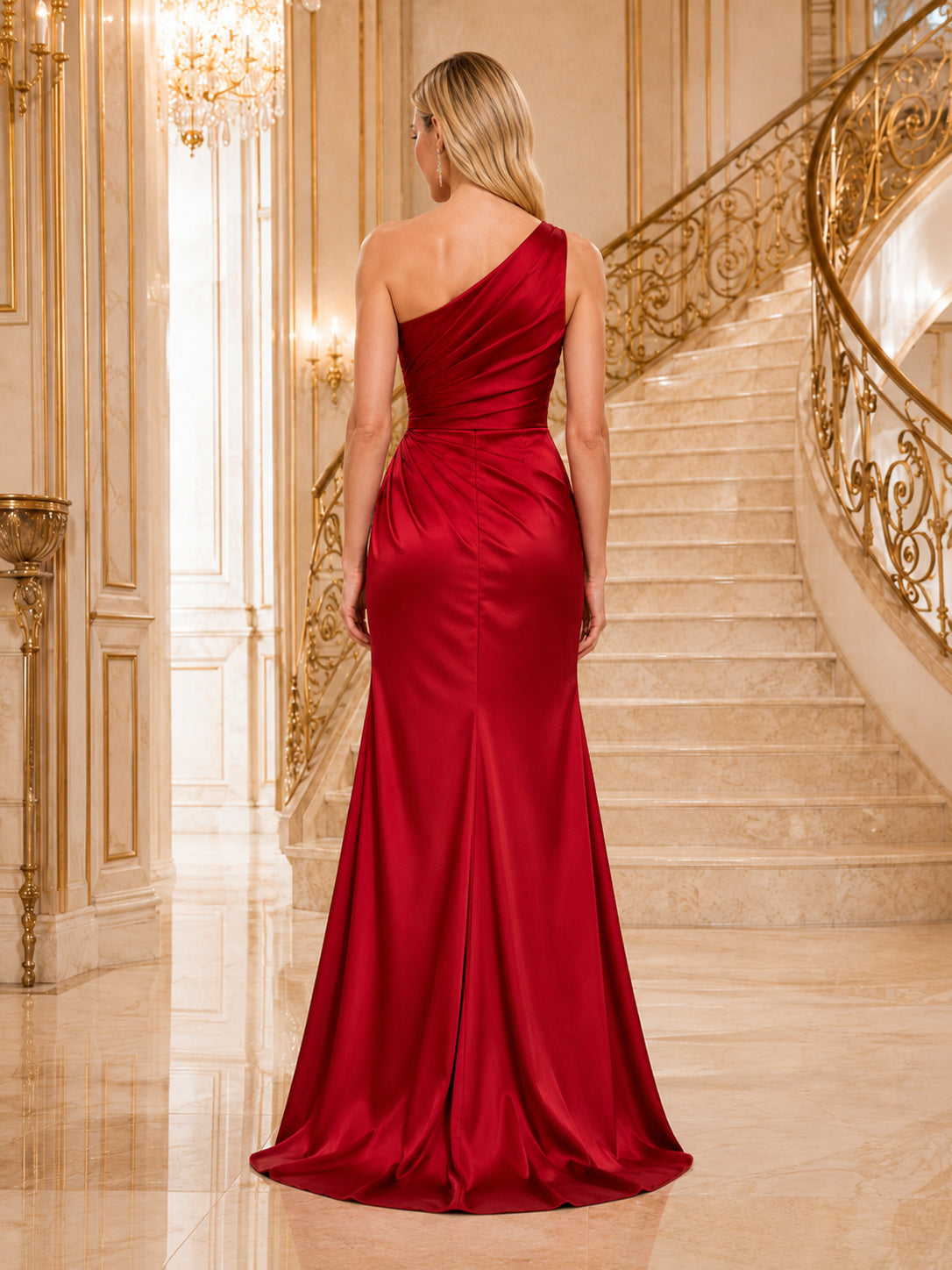 Red One Shoulder Ruched Satin Floor Length Formal Gown back view