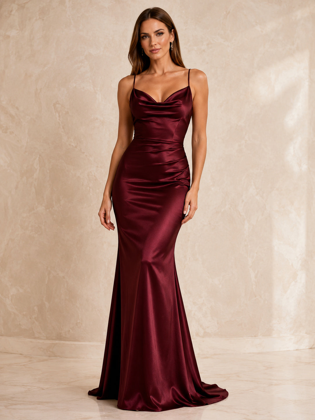 Burgundy Cowl Neck Satin Mermaid Formal Dress front view