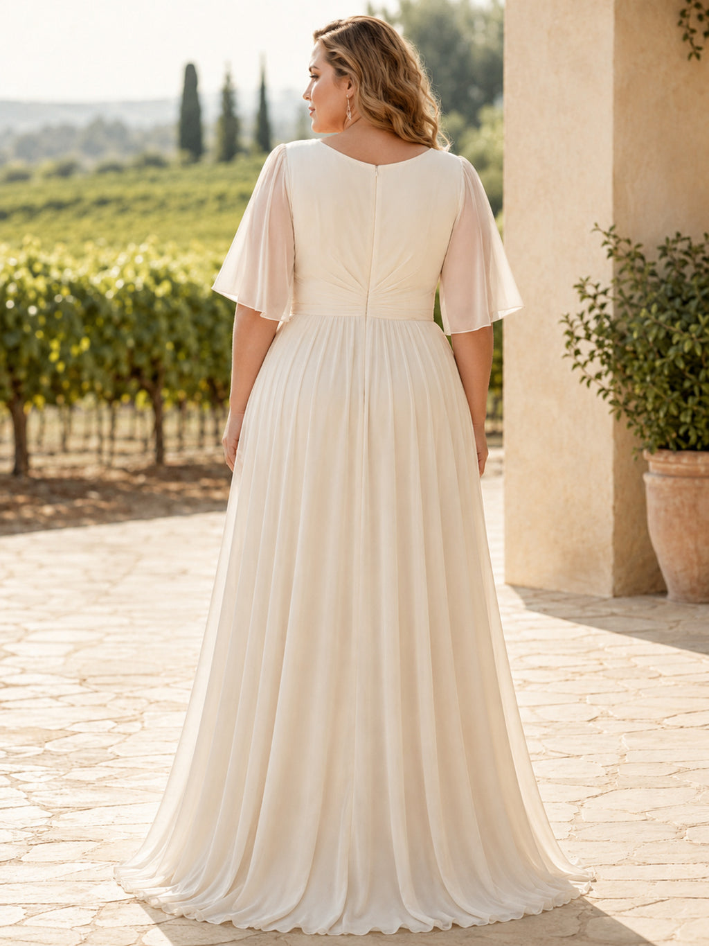 Minimalist Chiffon Wedding Dress A-Line V-Neck Short Sleeve Sweep Train Bridal Gown back view