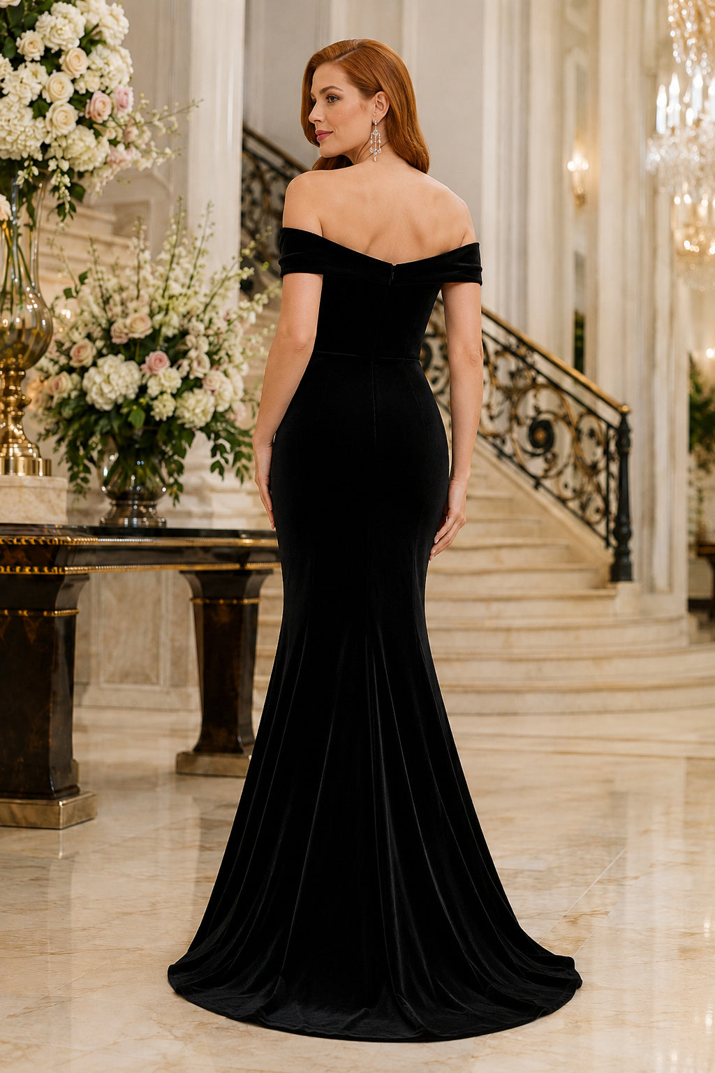 Evening Gown Black Velvet Mermaid Off Shoulder Short Sleeve Sweep Train back view