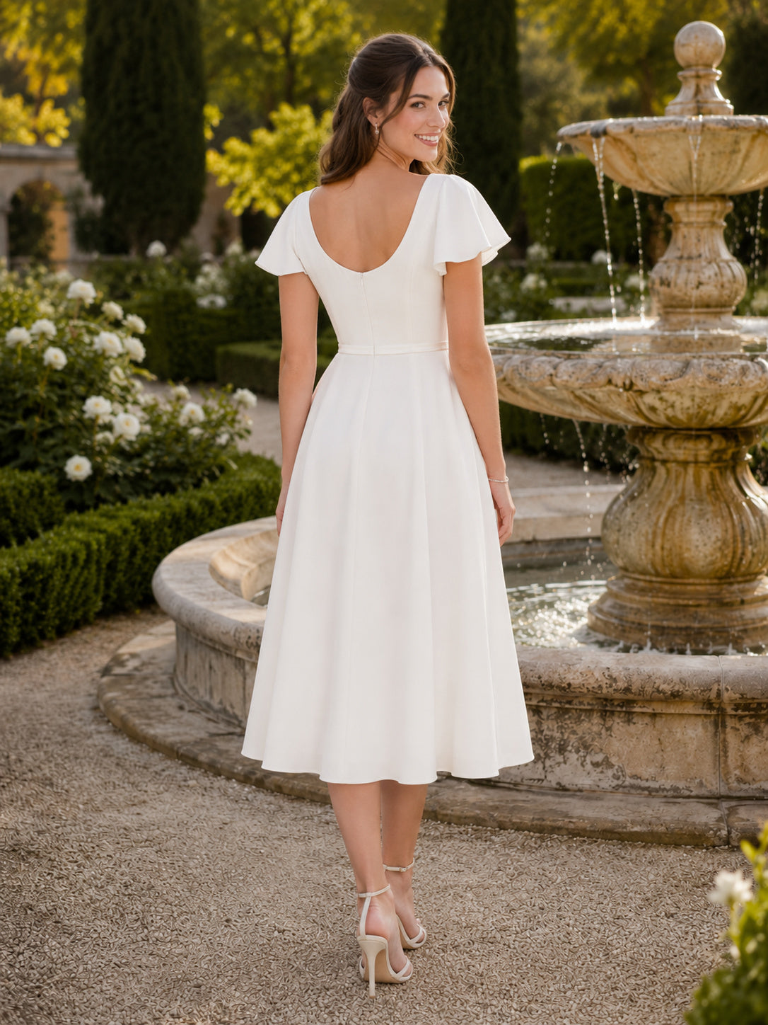 Tea-Length Scoop Neck Cap Sleeve Simple Bridal Dress back view