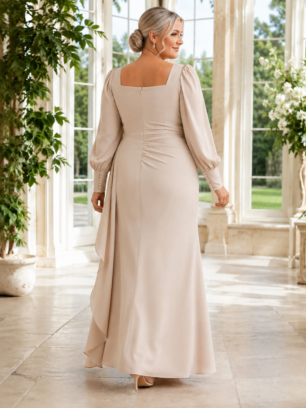 Plus Size Champagne Contemporary Mother Dress Square Neck Long Puff Sleeve Draped Sheath Floor-Length Gown back view