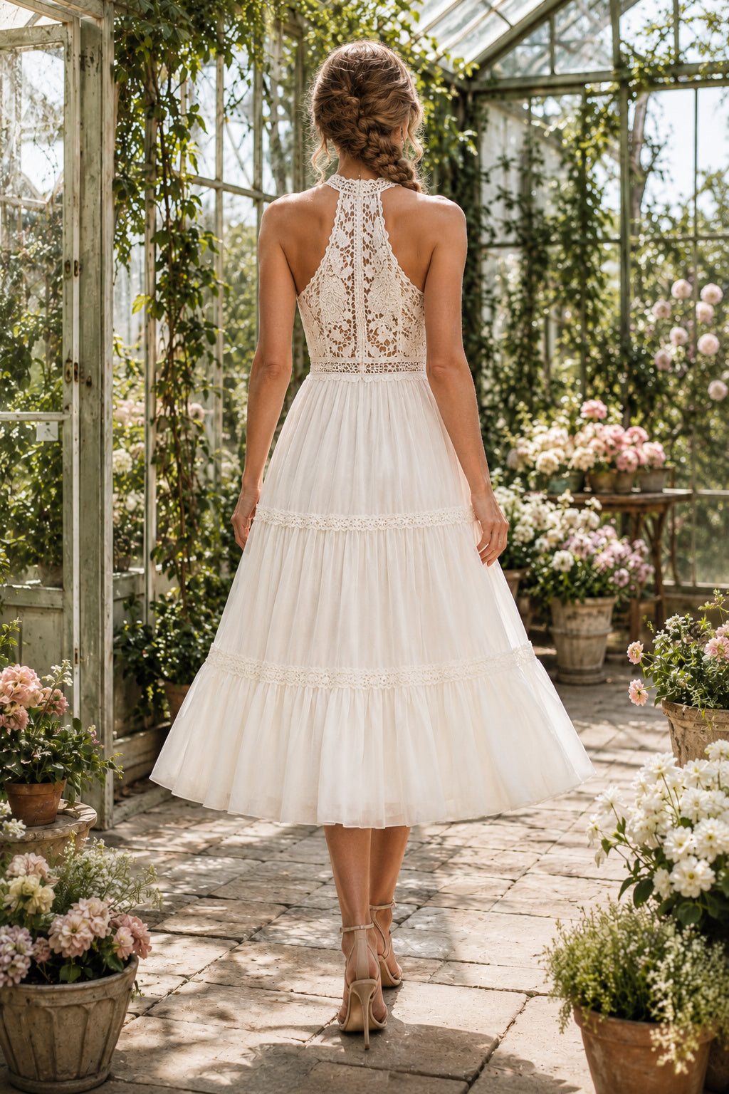 Ivory Halter High Neck Sleeveless Chiffon Lace Tea-Length Wedding Dress with Tiered Chiffon Skirt and Lace Halter Bodice back