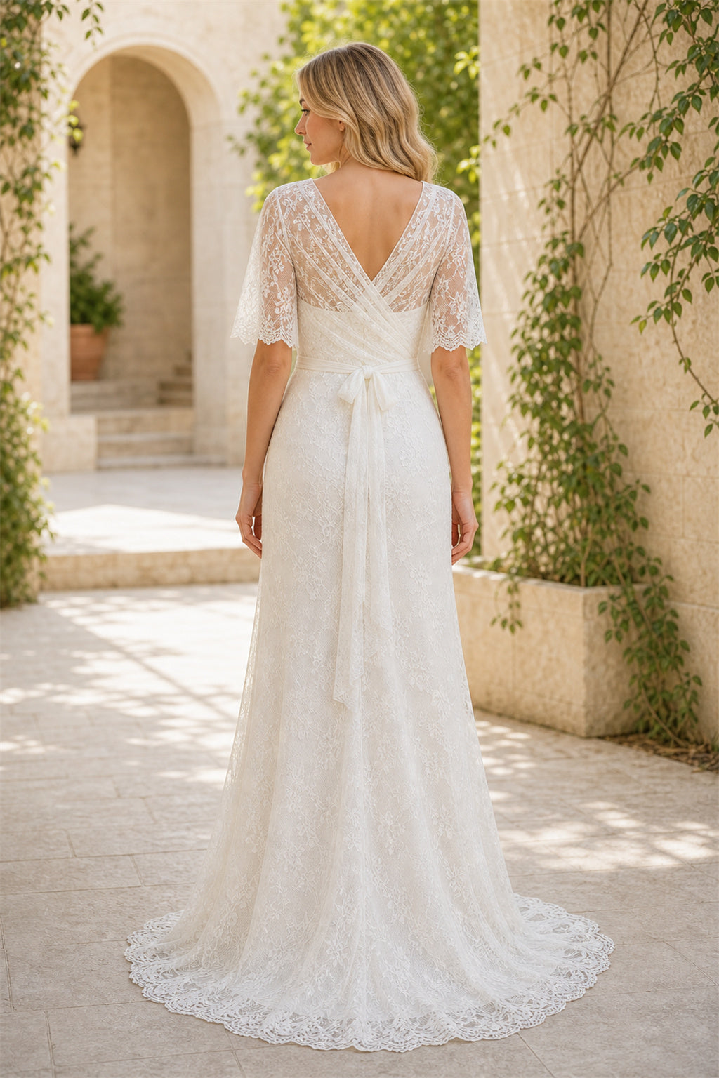 White V-neck Short Sleeves Sheath Lace Floor-length Wedding Dress With Lace and Train and Open Back