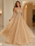 Gold Luxury One Shoulder Crystal Draped Glitter Tulle Sweet Sixteen Princess Ball Gown front view