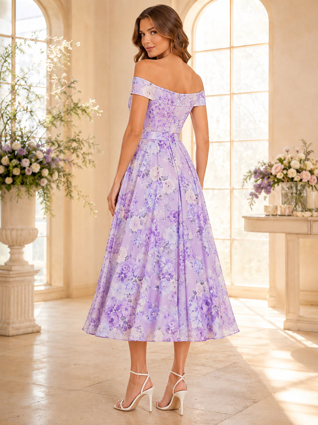 Lavender Floral Maternity Guest Off-Shoulder Satin A-Line Tea-Length Dress back view