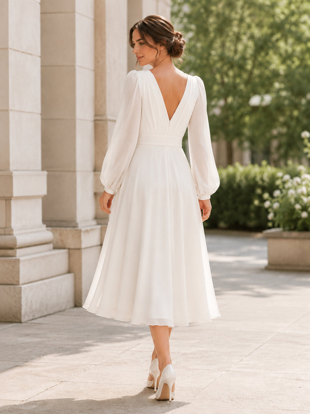 Vintage Chiffon Wedding Dress A-Line V-Neck Long Sleeve Tea Length Bridal Gown back view