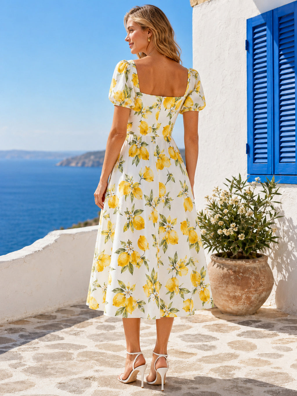 Lemon Print One Shoulder Mediterranean Guest Midi Dress back view