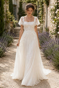 Ivory Square Neck Short Sleeve Lace A-Line Wedding Dress with Soft Tulle Train front view