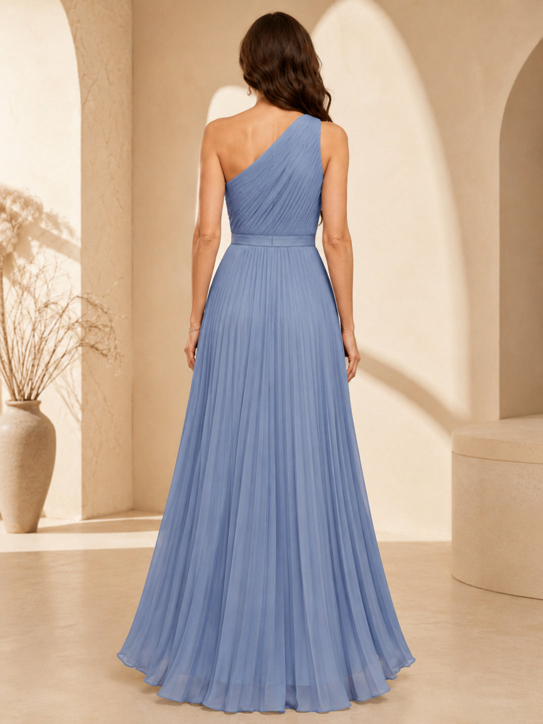 Steel Blue One-Shoulder Pleated Chiffon Gown back view
