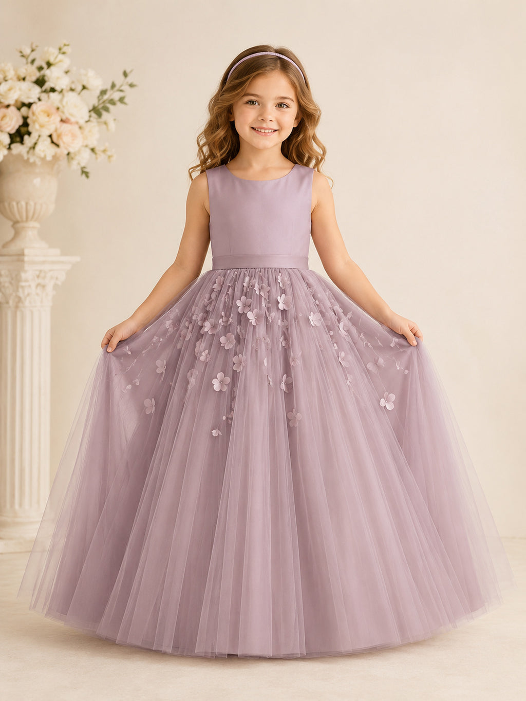 Mauve Floral Applique Tulle A-Line Flower Girl Dress with Jewel Neck and Floor-Length Skirt front view