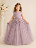 Mauve Floral Applique Tulle A-Line Flower Girl Dress with Jewel Neck and Floor-Length Skirt front view