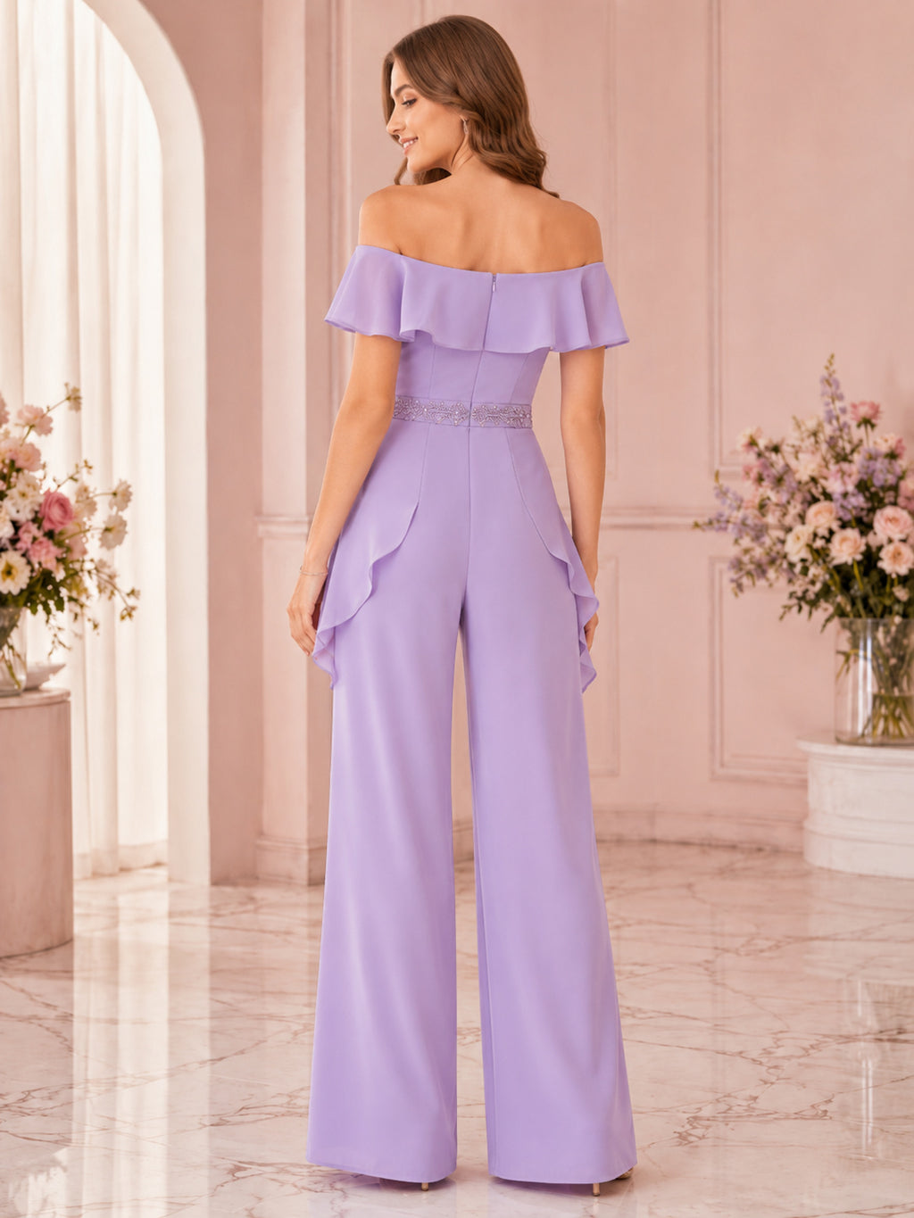 Lavender Off Shoulder Ruffle Wide Leg Side Drape Formal Jumpsuit back view
