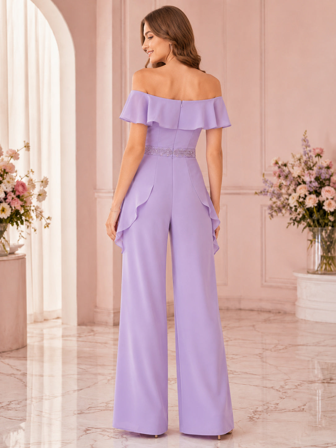 Lavender Off Shoulder Ruffle Wide Leg Side Drape Formal Jumpsuit back view