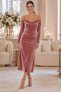 Winter Wedding Guest Dress Mauve Velvet Sheath Cowl Neck Long Sleeve Tea Length front view