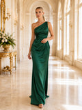 Grand Estate Formal Dark Green Elegant Modern Sheath Satin Bridesmaid Dress with One-Shoulder Sleeveless Floor-Length Ruching
