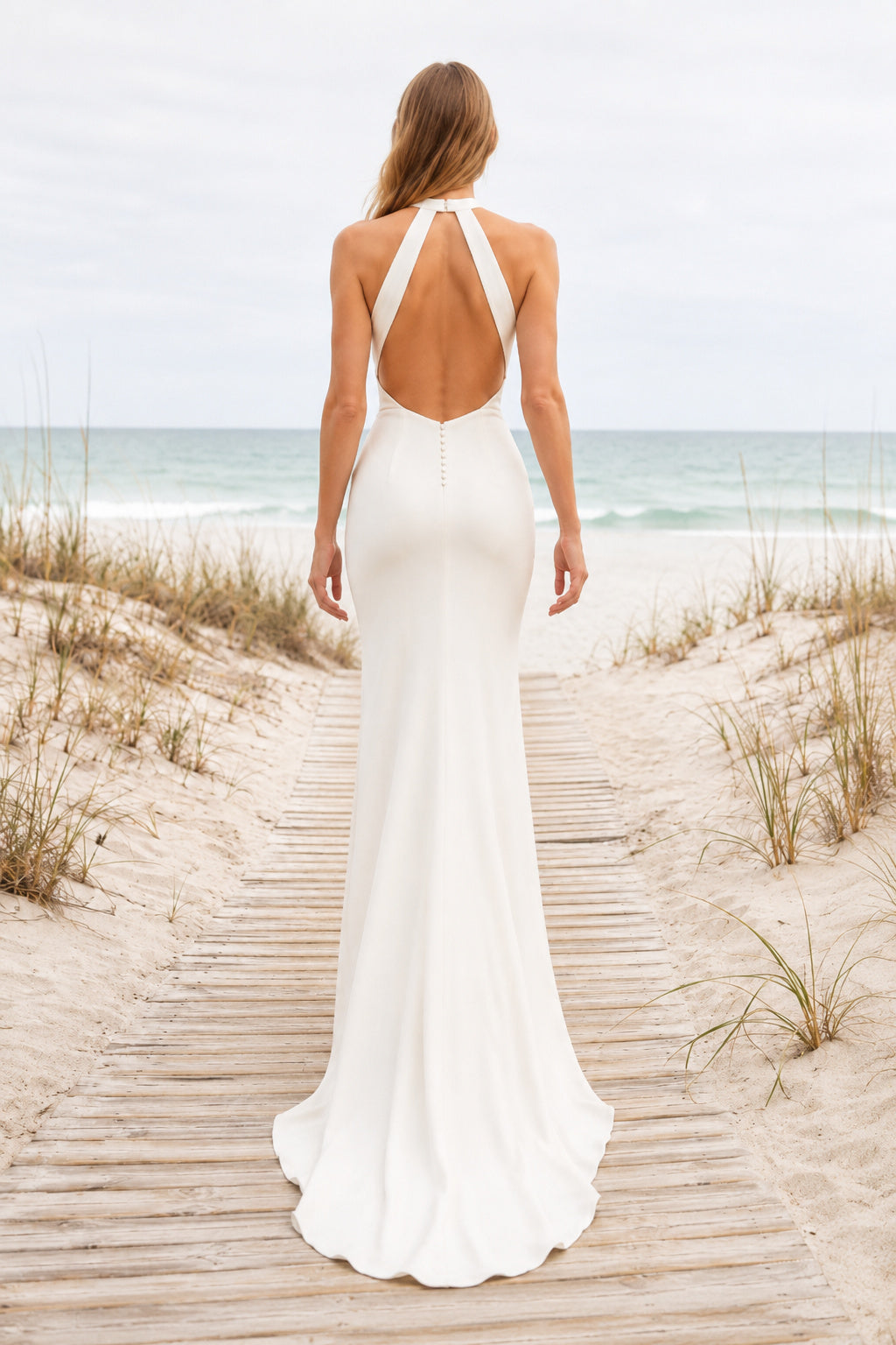 White Halter Stretch Satin Sheath Wedding Dress with Open Keyhole Back back view