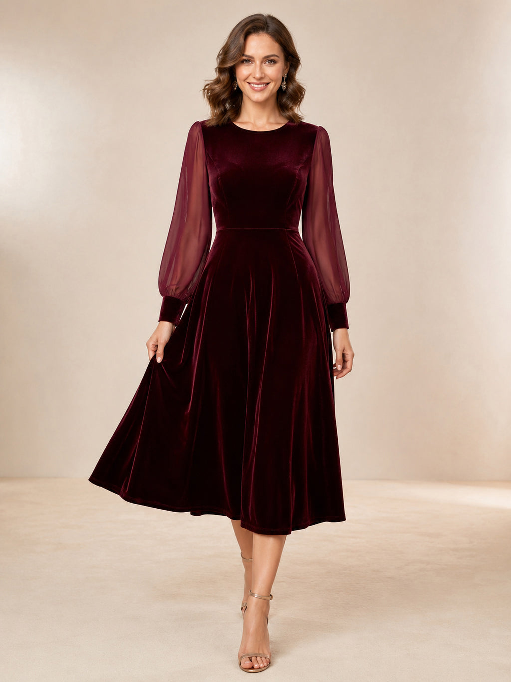 Burgundy Velvet Keyhole Back Midi Occasion Dress front view
