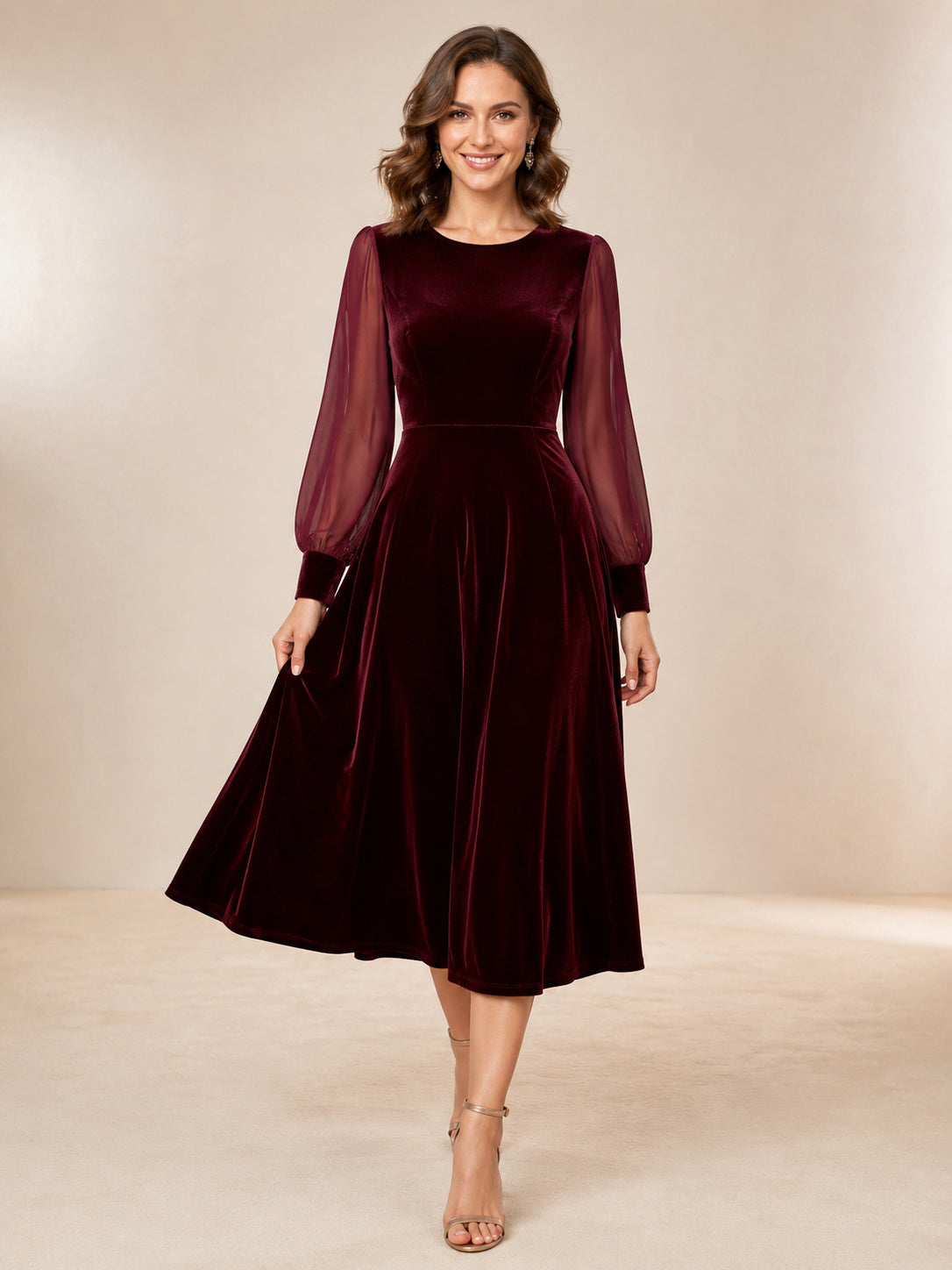 Burgundy Velvet Keyhole Back Midi Occasion Dress front view