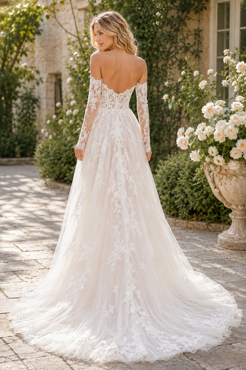 Ivory Off-the-Shoulder High-Low Lace Wedding Dress with Long Sleeves and Sweep Train back view