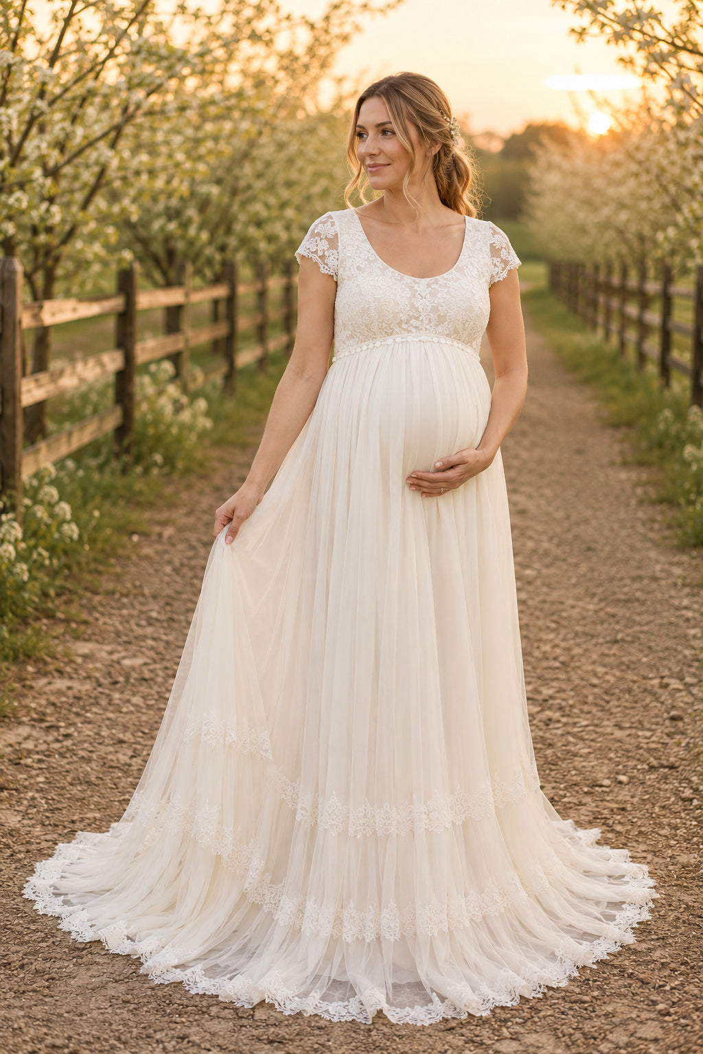 Ivory Maternity Scoop Neck Short Sleeve Tulle A-Line Wedding Dress with Lace Trim front view