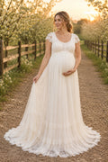 Ivory Maternity Scoop Neck Short Sleeve Tulle A-Line Wedding Dress with Lace Trim front view