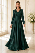 Dark Green V-Neck Satin A-Line Formal Dress with Long Puff Sleeves and Wrapped Bodice front view