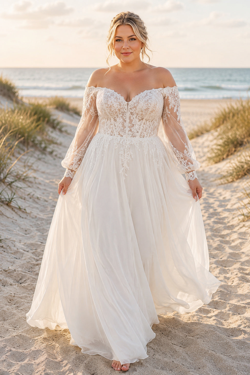 Ivory Off-the-Shoulder Long Sleeve Lace A-Line Wedding Dress with Boho Tulle Train front view