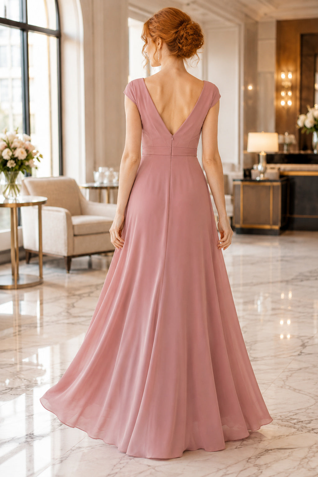 Dusty Rose V-Neck Chiffon A-Line Bridesmaid Dress with Cap Sleeves and Ruched Bodice back view