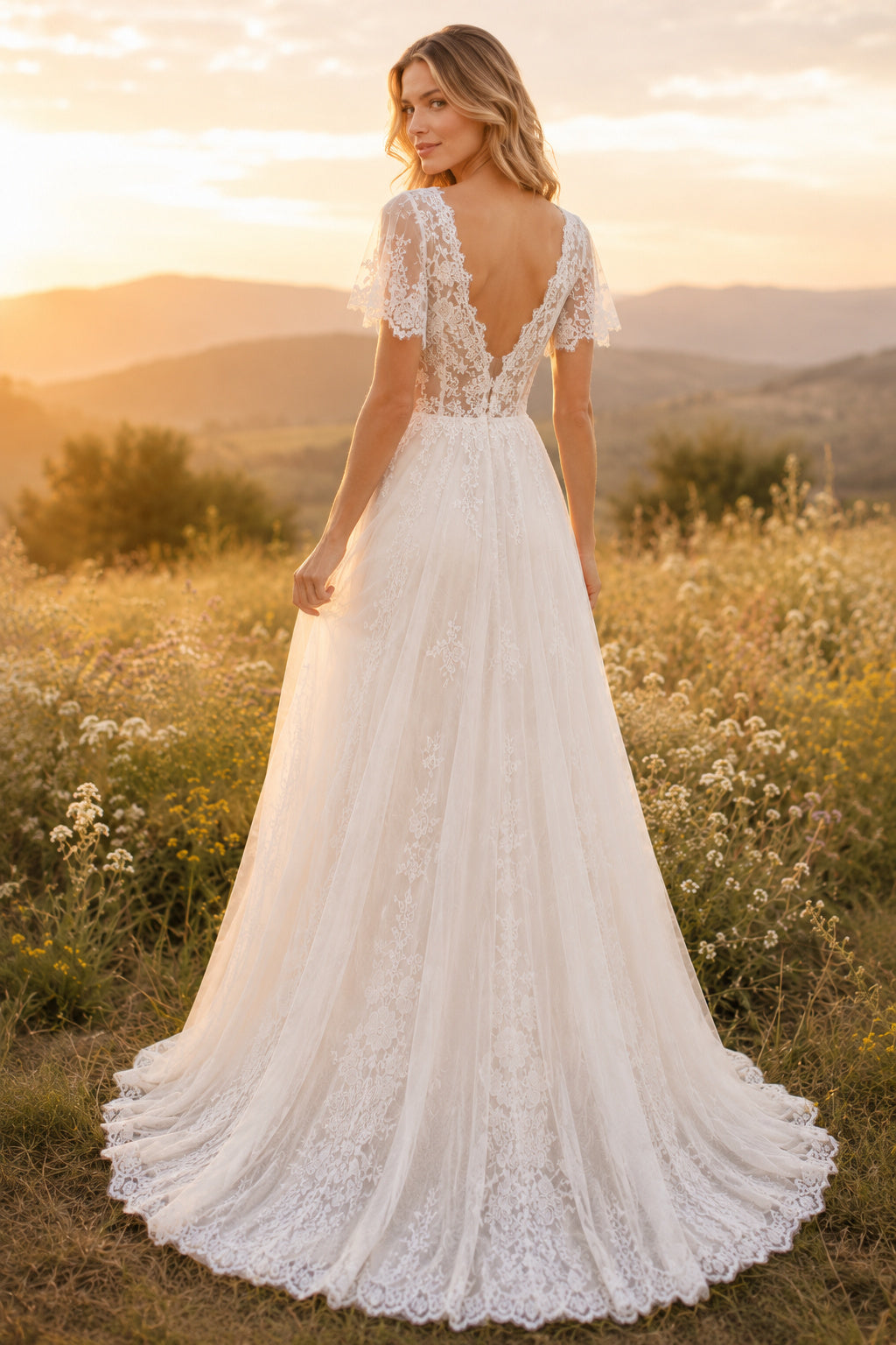 Ivory Cap Sleeve Lace A-Line Boho Wedding Dress with Plunging V-Neck and Low Back back view