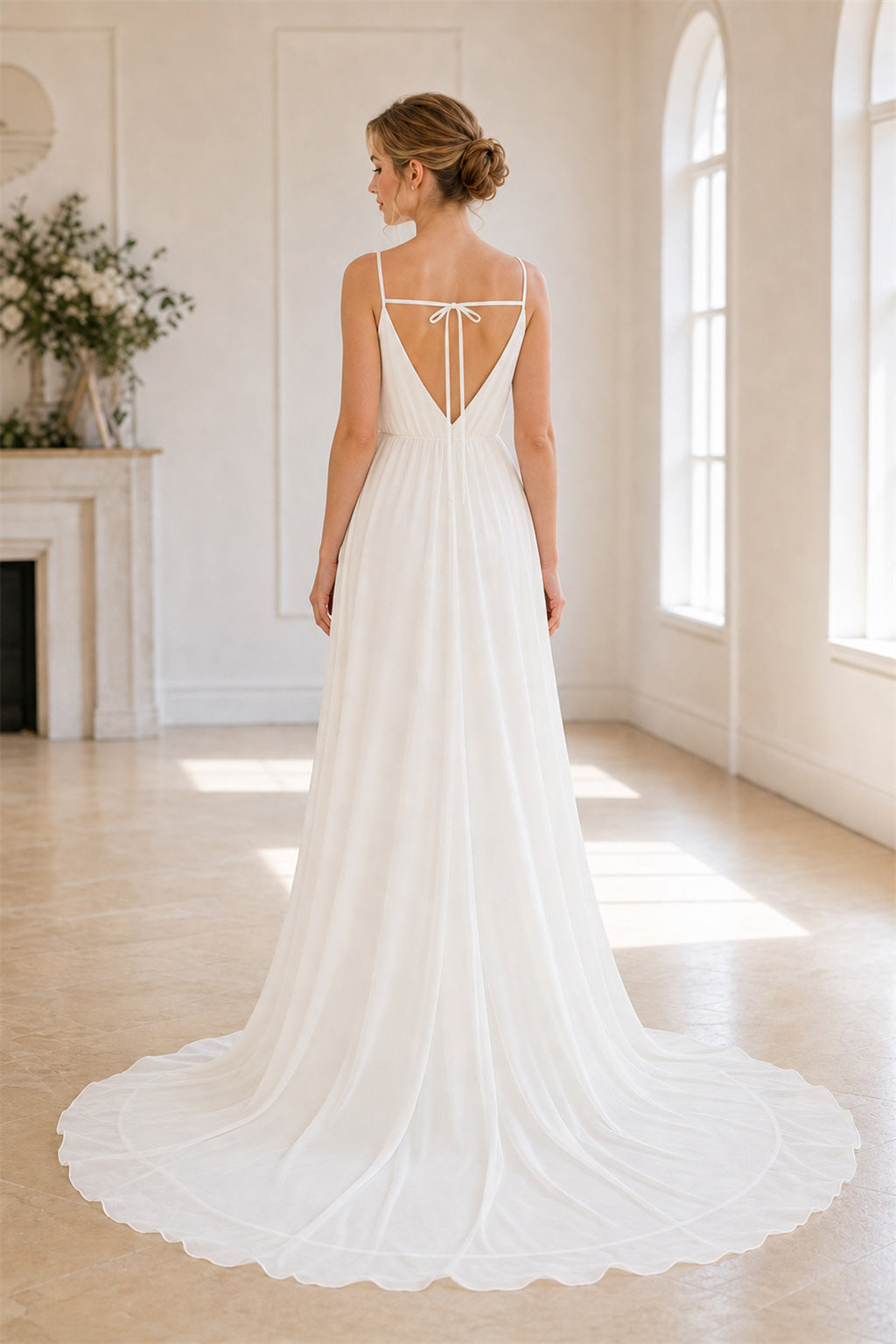 Champagne Sweetheart A-Line Crepe Floor-length Wedding Dress With Beaded Bodice and Pleated Skirt and Open Back