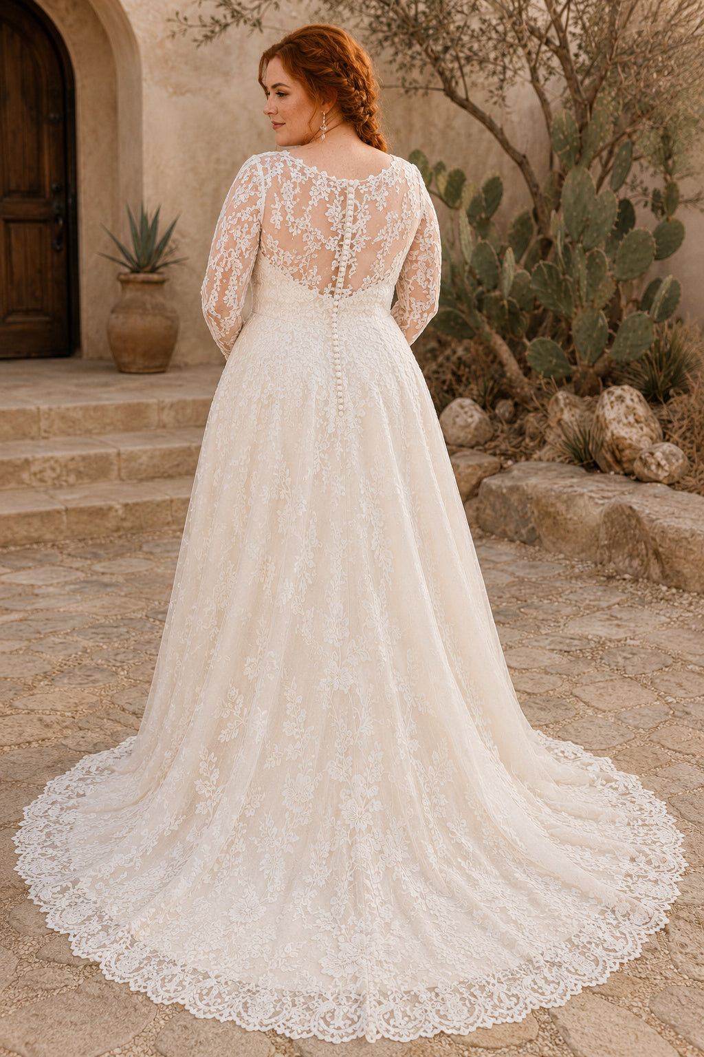 Plus Size Ivory V-Neck Bishop Sleeve Lace Tulle A-Line Wedding Dress with Illusion Bishop Sleeves and Lace Train back view