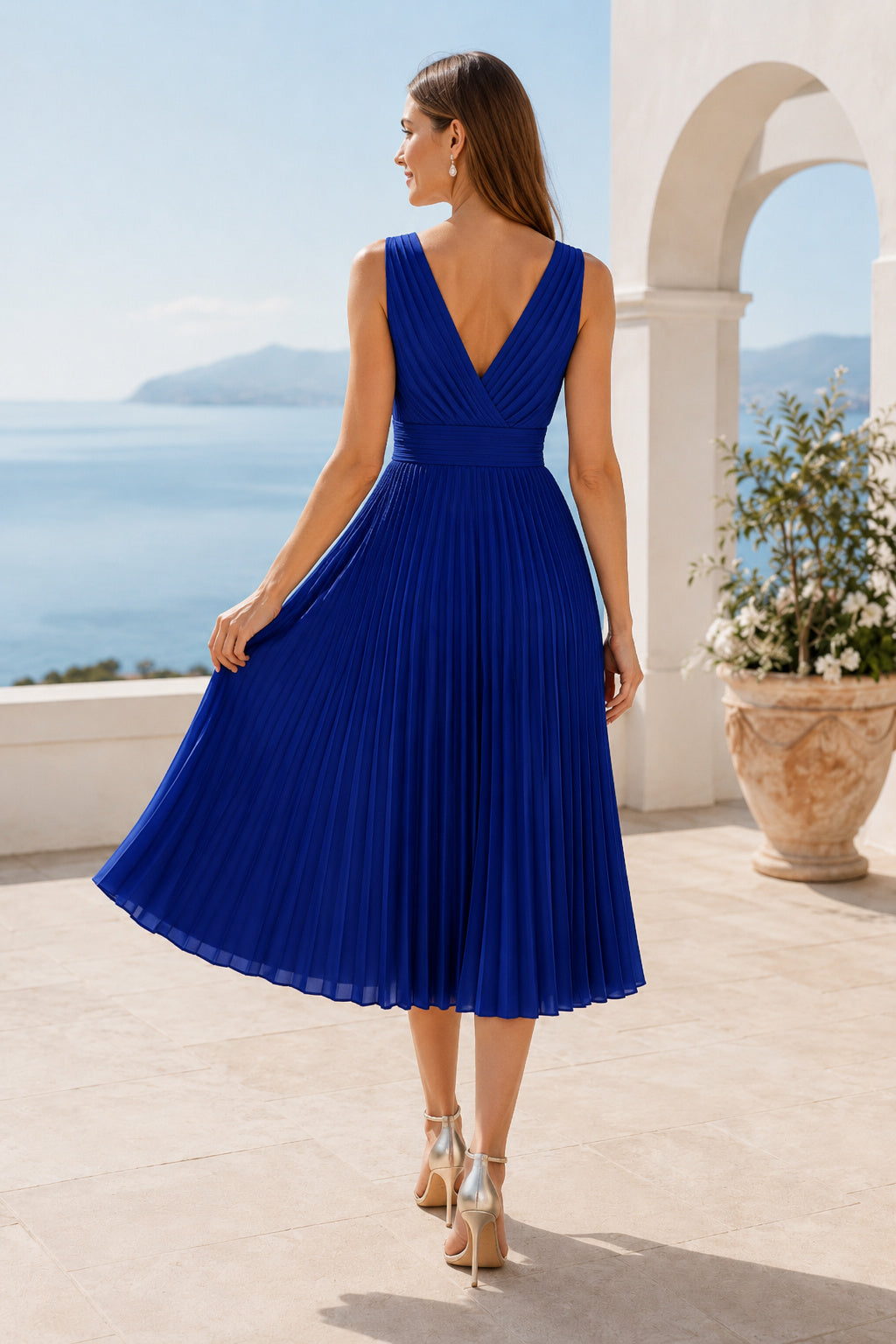 Cocktail Dress Royal Blue Chiffon A-Line V-Neck Sleeveless Pleated Tea Length back view