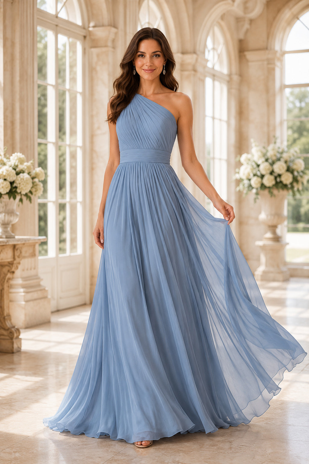 Sky Blue One-Shoulder Chiffon A-Line Bridesmaid Dress with Pleated Bodice and Soft Skirt front view