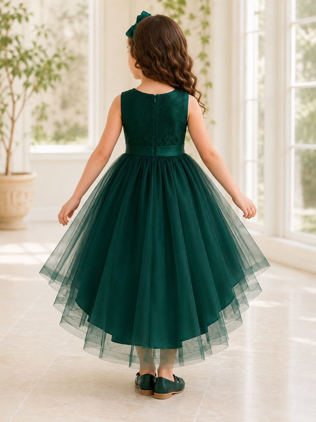 Dark Green Ruffle Tulle A-Line Flower Girl Dress with Jewel Neck, Sleeveless, and High-low Skirt back view