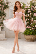 Blushing Pink Corset Bodice Homecoming A-Line Dress front view