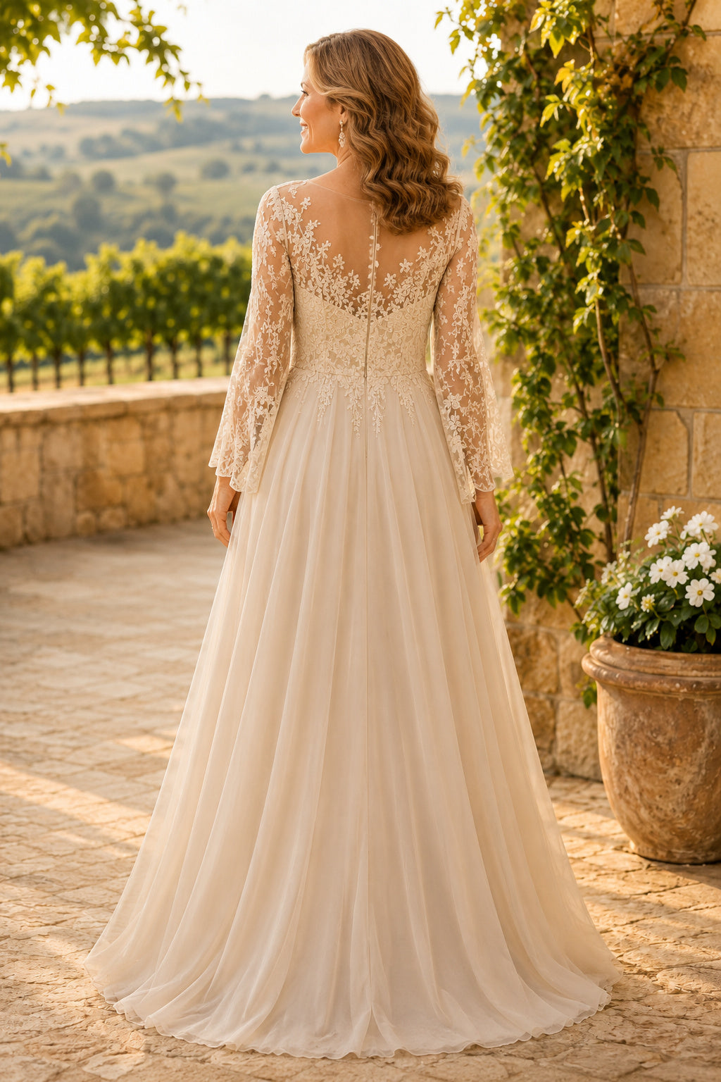 Champagne Long Sleeve Lace A-Line Mother Dress with Illusion V-Back back view