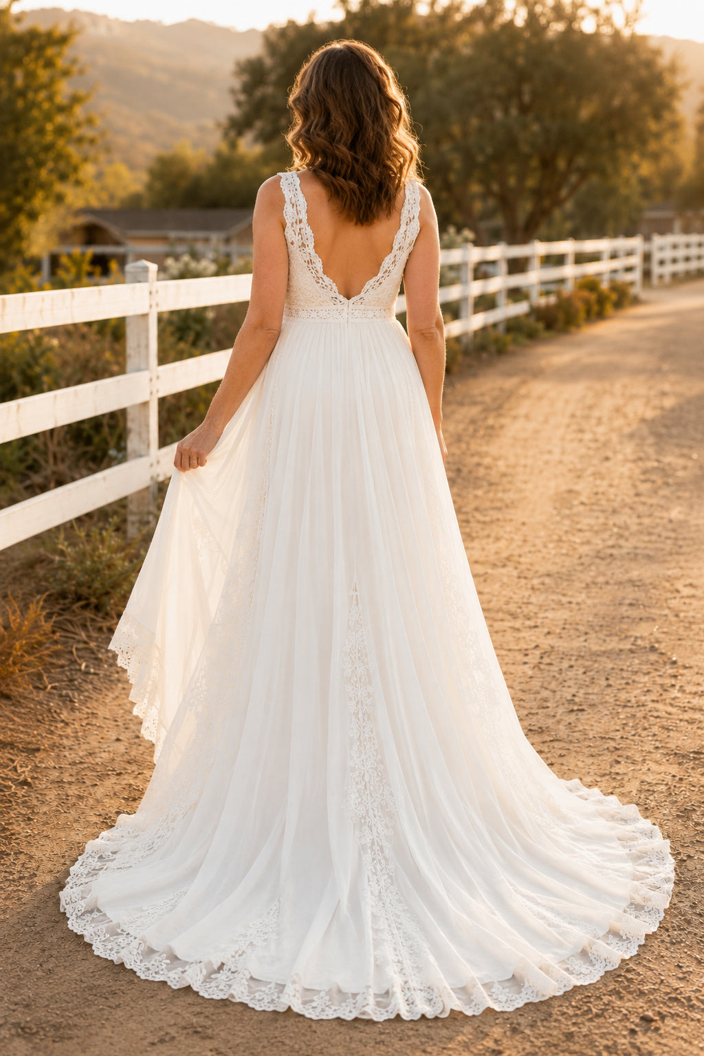 Ivory Maternity V-Neck Sleeveless Lace A-Line Wedding Dress with Flowing Train back view