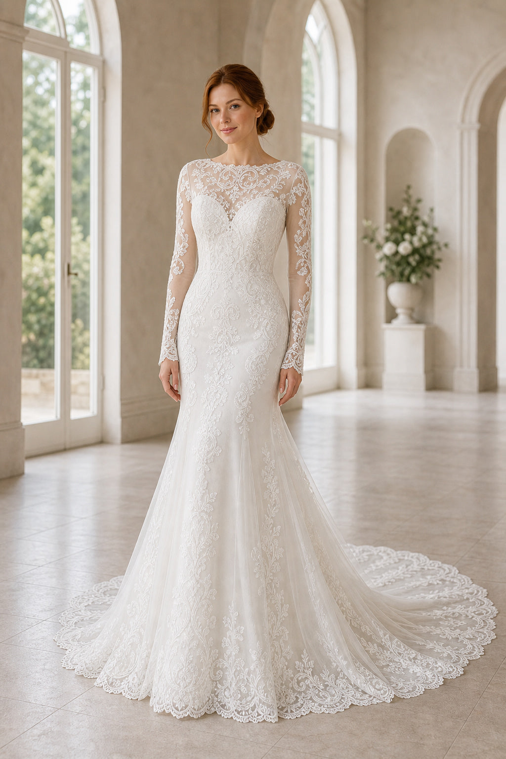 White Bateau Three-Quarter Sleeves Mermaid Lace Floor-length Wedding Dress With Lace and Lace Bodice and Open Back