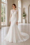White Bateau Three-Quarter Sleeves Mermaid Lace Floor-length Wedding Dress With Lace and Lace Bodice and Open Back