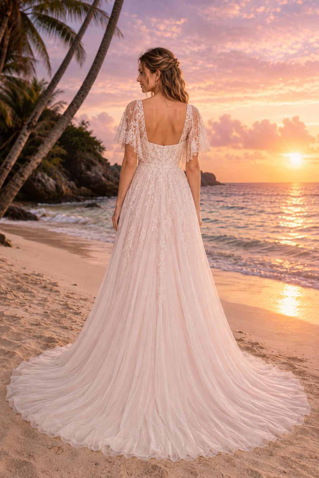 Blushing Pink Square Neck Short Sleeve Tulle A-Line Wedding Dress for Bridal Ceremony and Reception back view